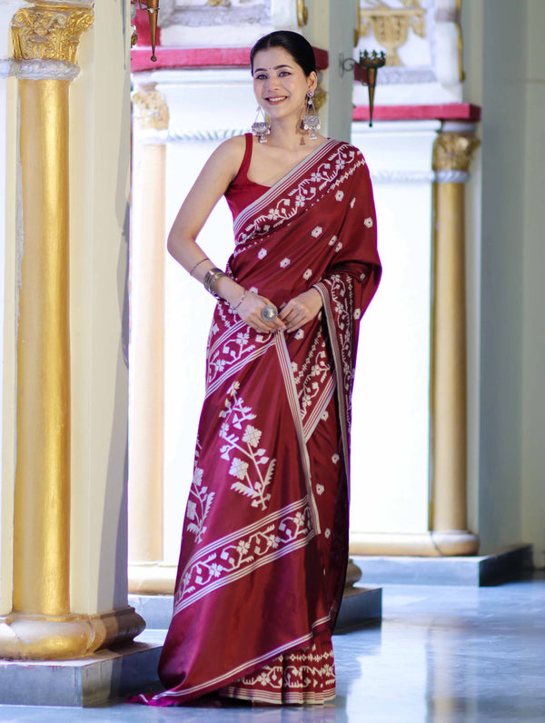 Banarasee Handloom Semi Silk Saree With Resham Geometric Design & Border-Deep Maroon
