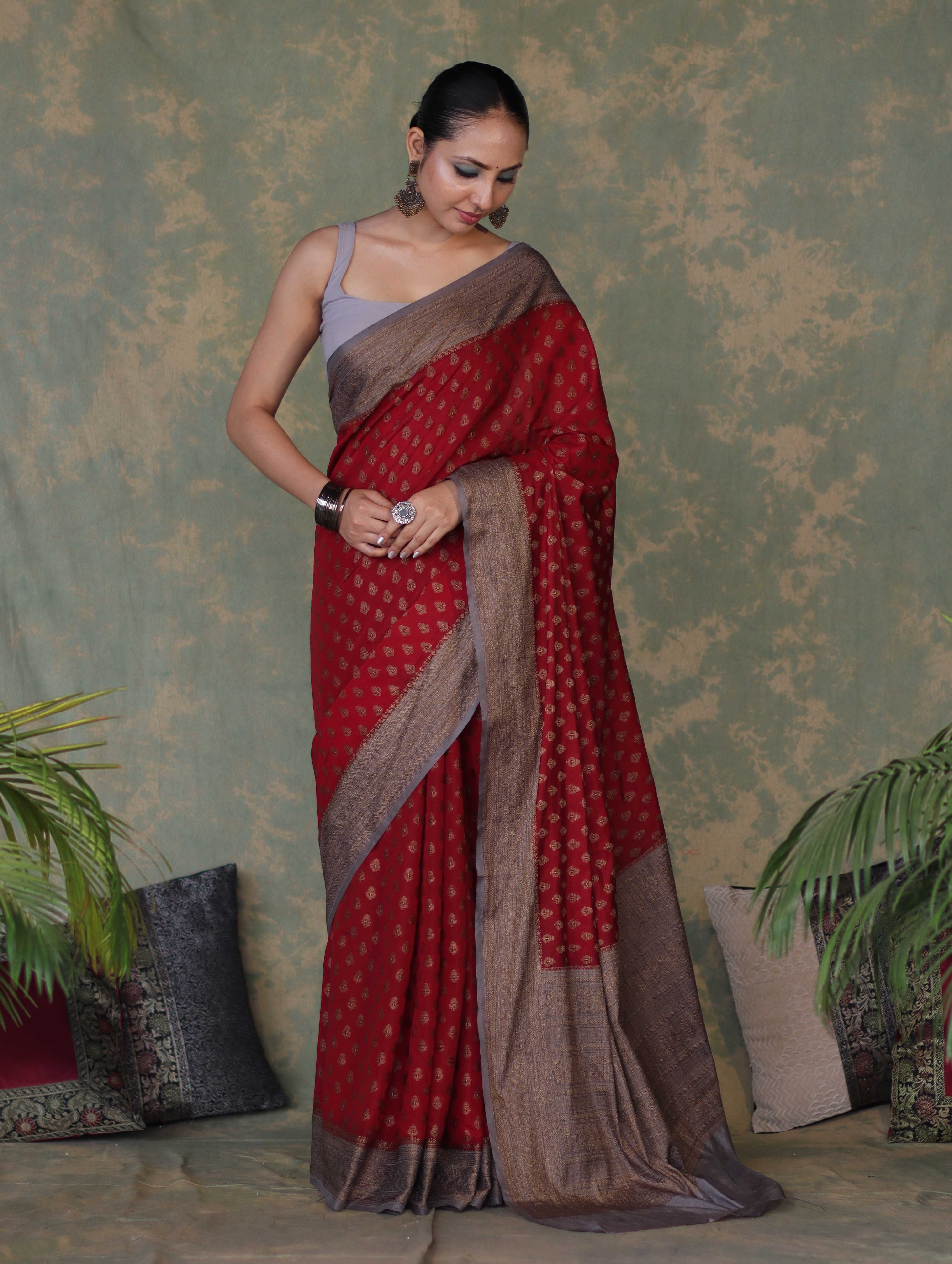 Banarasee Handloom Soft Cotton Saree With Resham Work & Contrast Border-Maroon & Grey