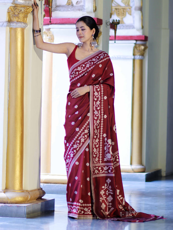 Banarasee Handloom Semi Silk Saree With Resham Geometric Design & Border-Deep Maroon