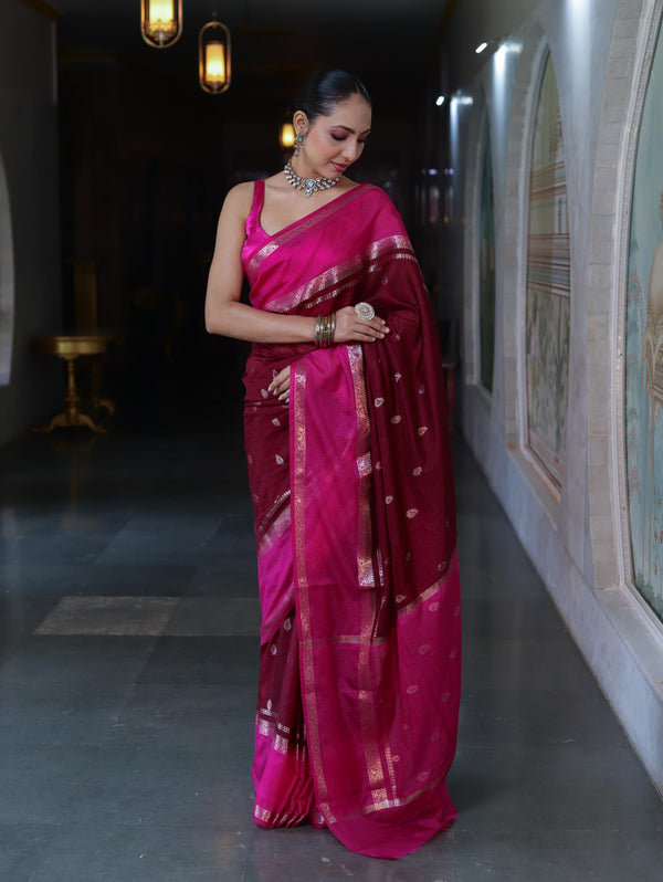 Banarasee Cotton Silk Kota Checks Saree With Buti Design & Contrast Border-Burgundy & Pink