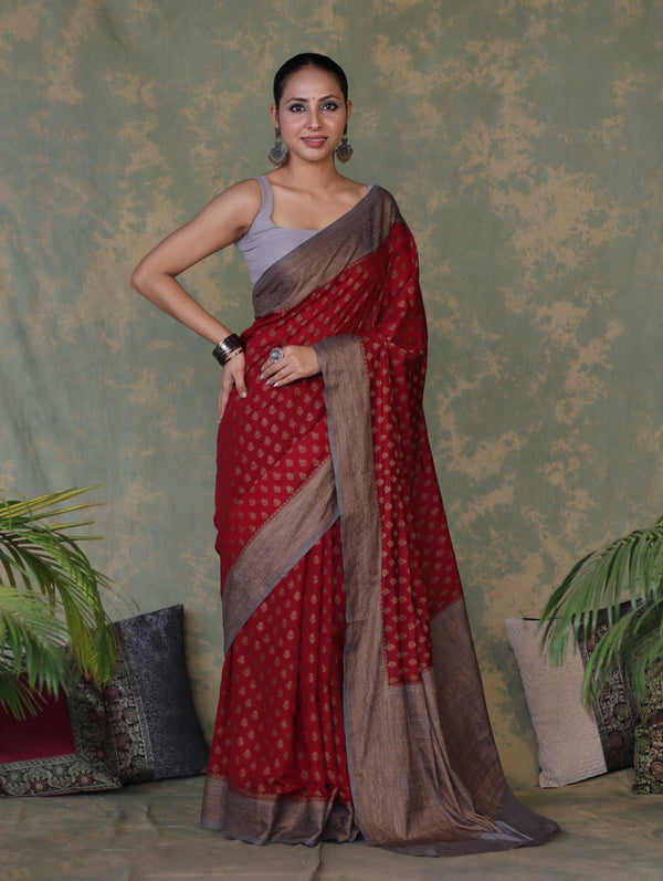 Banarasee Handloom Soft Cotton Saree With Resham Work & Contrast Border-Maroon & Grey