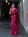Banarasee Cotton Silk Kota Checks Saree With Buti Design & Contrast Border-Burgundy & Pink