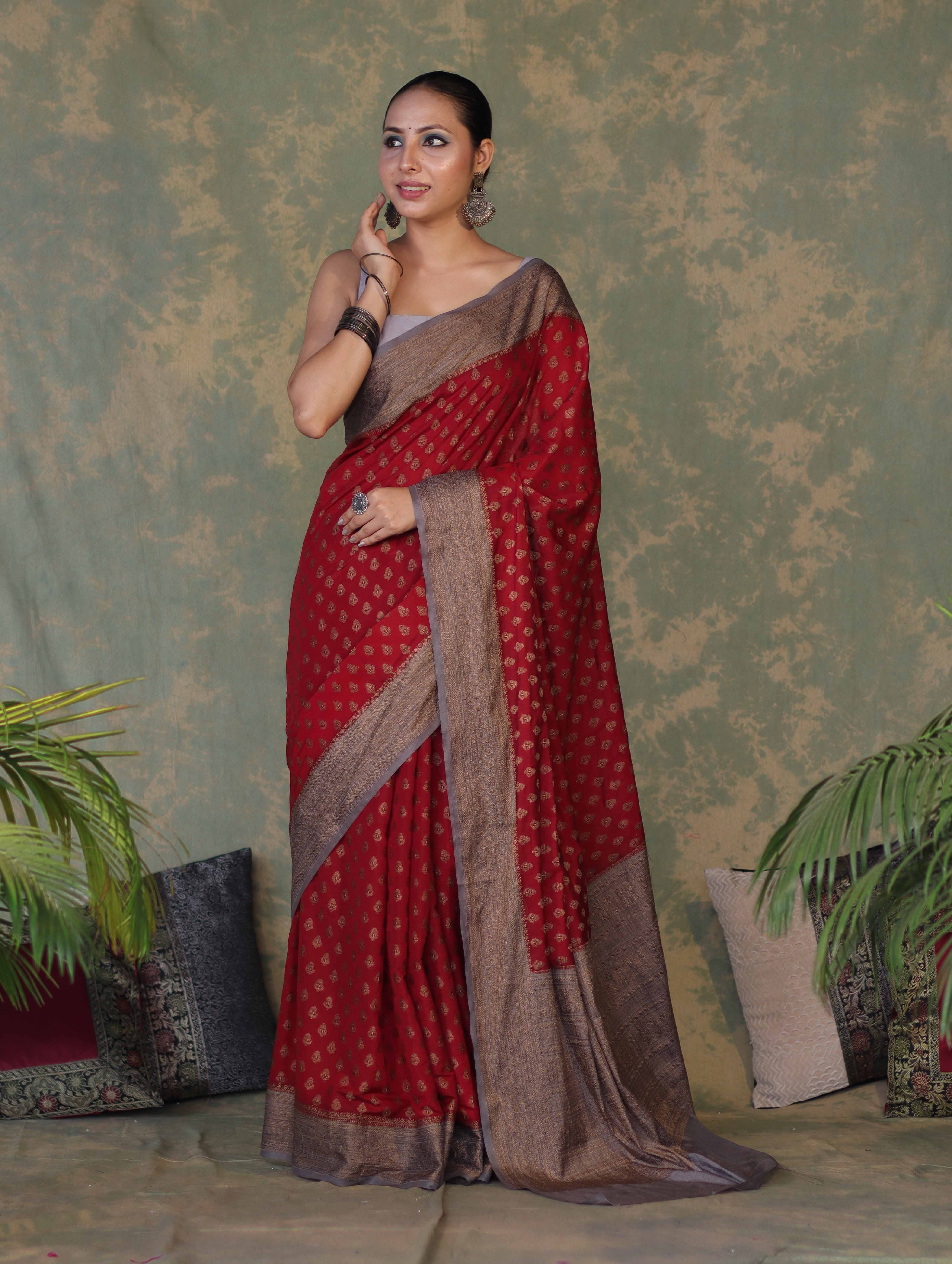 Banarasee Handloom Soft Cotton Saree With Resham Work & Contrast Border-Maroon & Grey