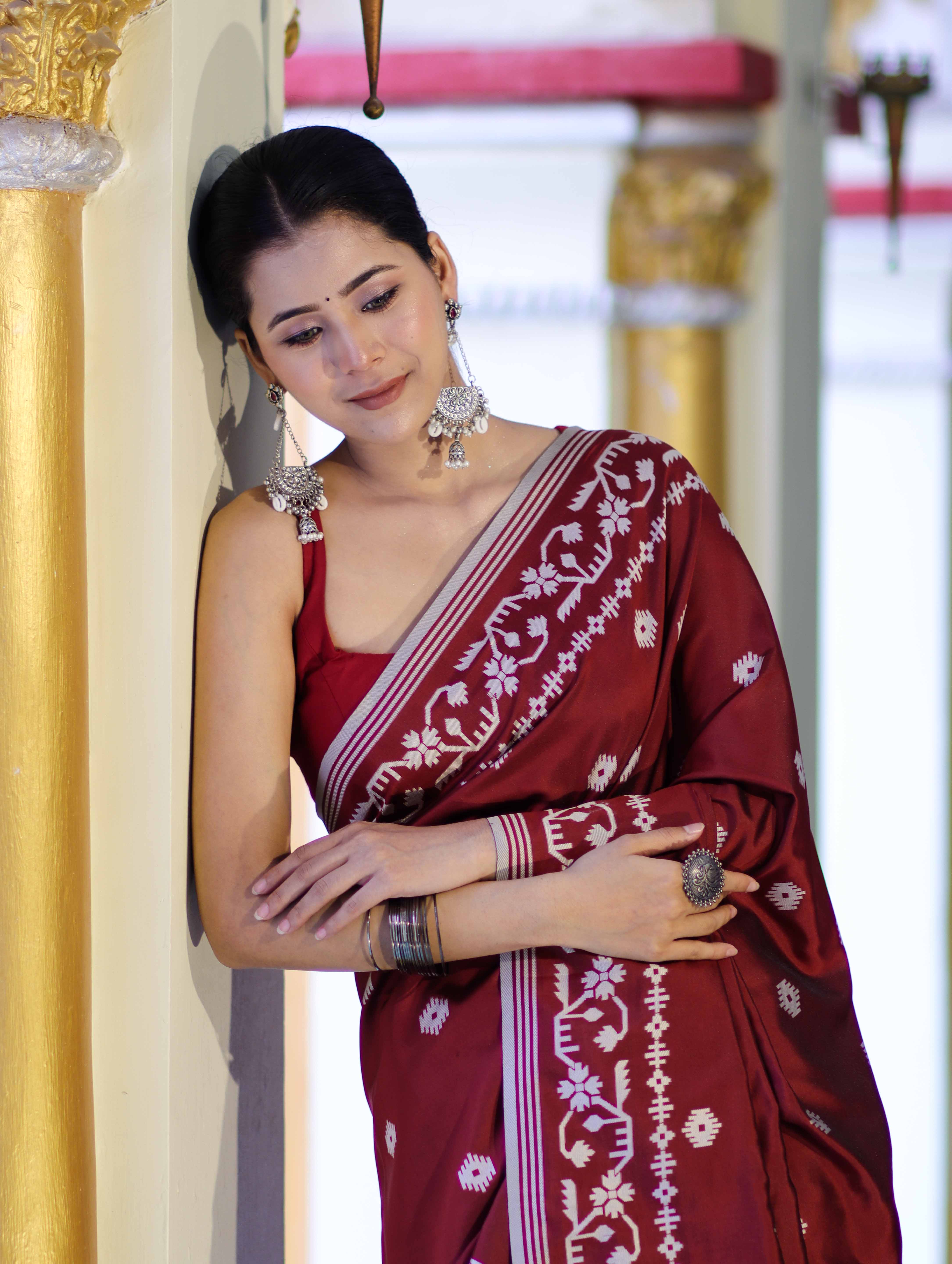 Banarasee Handloom Semi Silk Saree With Resham Geometric Design & Border-Deep Maroon