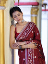Banarasee Handloom Semi Silk Saree With Resham Geometric Design & Border-Deep Maroon