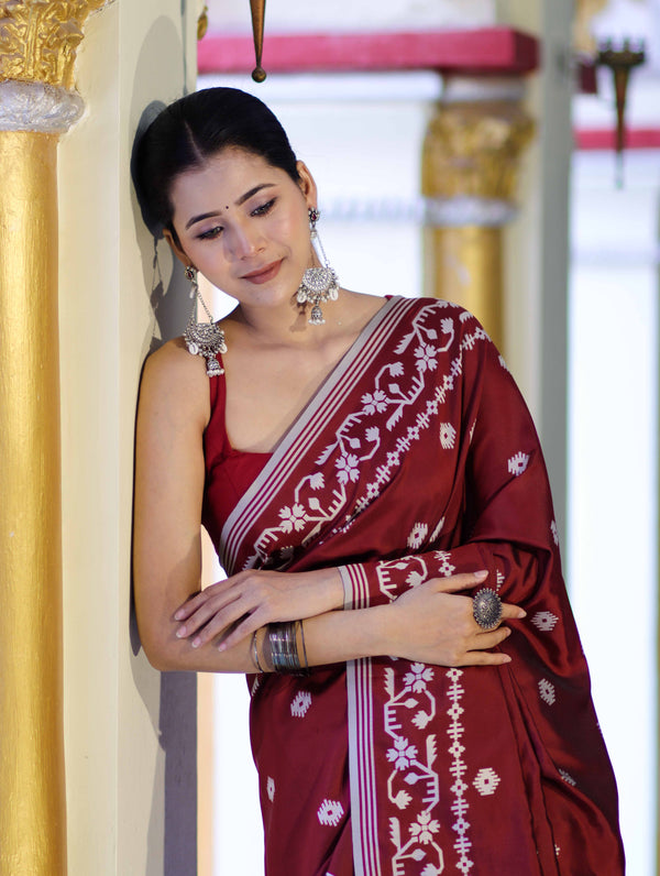 Banarasee Handloom Semi Silk Saree With Resham Geometric Design & Border-Deep Maroon