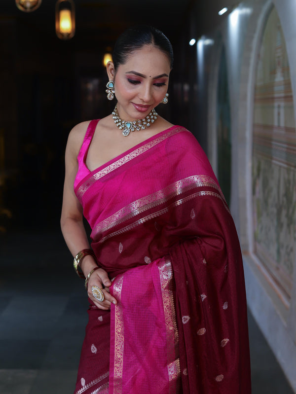 Banarasee Cotton Silk Kota Checks Saree With Buti Design & Contrast Border-Burgundy & Pink
