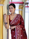 Banarasee Handloom Semi Silk Saree With Resham Geometric Design & Border-Deep Maroon