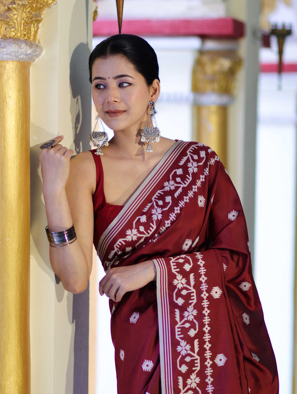 Banarasee Handloom Semi Silk Saree With Resham Geometric Design & Border-Deep Maroon