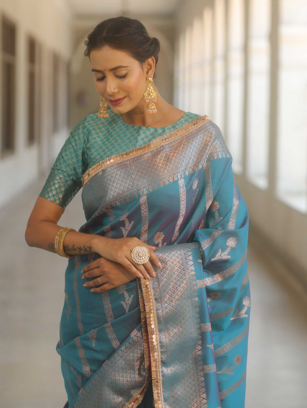 Banarasee Handwoven Semi Silk Saree With Zari Buti Design-Blue (Dual Tone)