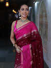 Banarasee Cotton Silk Kota Checks Saree With Buti Design & Contrast Border-Burgundy & Pink