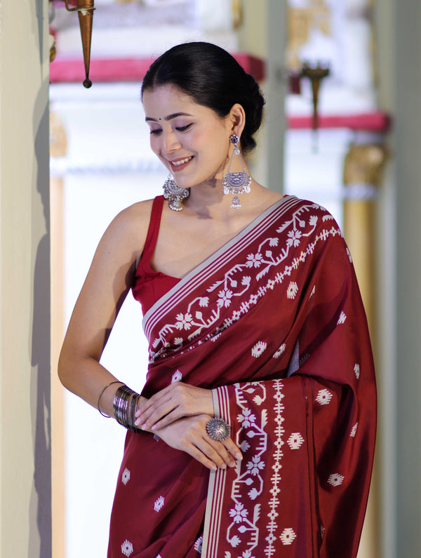 Banarasee Handloom Semi Silk Saree With Resham Geometric Design & Border-Deep Maroon