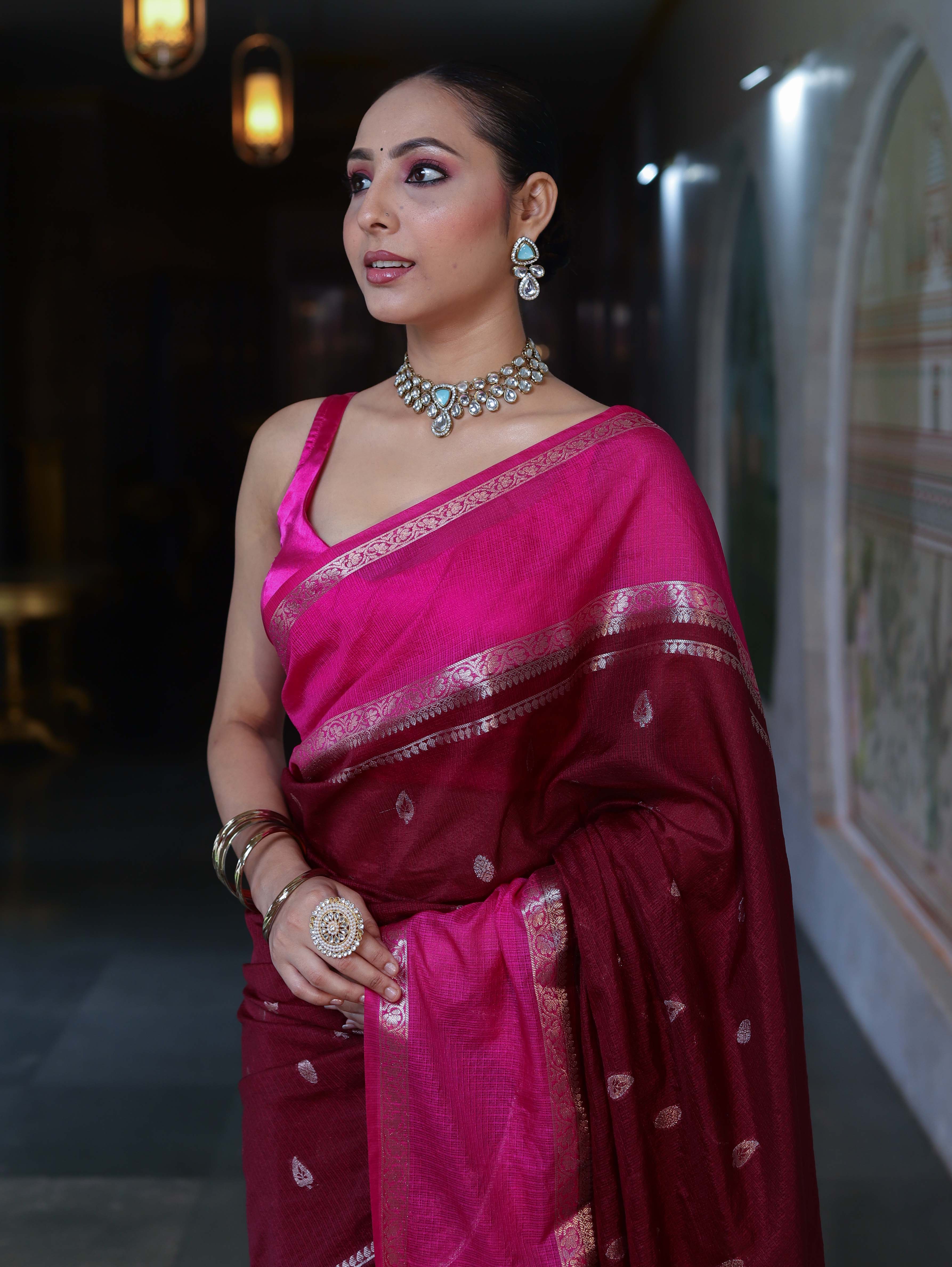 Banarasee Cotton Silk Kota Checks Saree With Buti Design & Contrast Border-Burgundy & Pink
