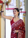 Banarasee Handloom Semi Silk Saree With Resham Geometric Design & Border-Deep Maroon