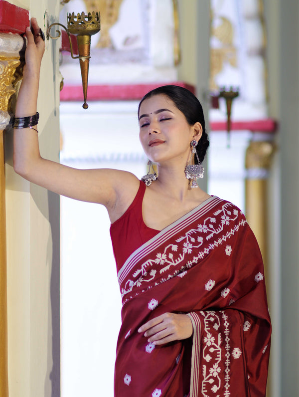 Banarasee Handloom Semi Silk Saree With Resham Geometric Design & Border-Deep Maroon