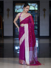 Banarasee Handloom Cotton Silk Saree With Zari Buti & Contrast Border-Magenta