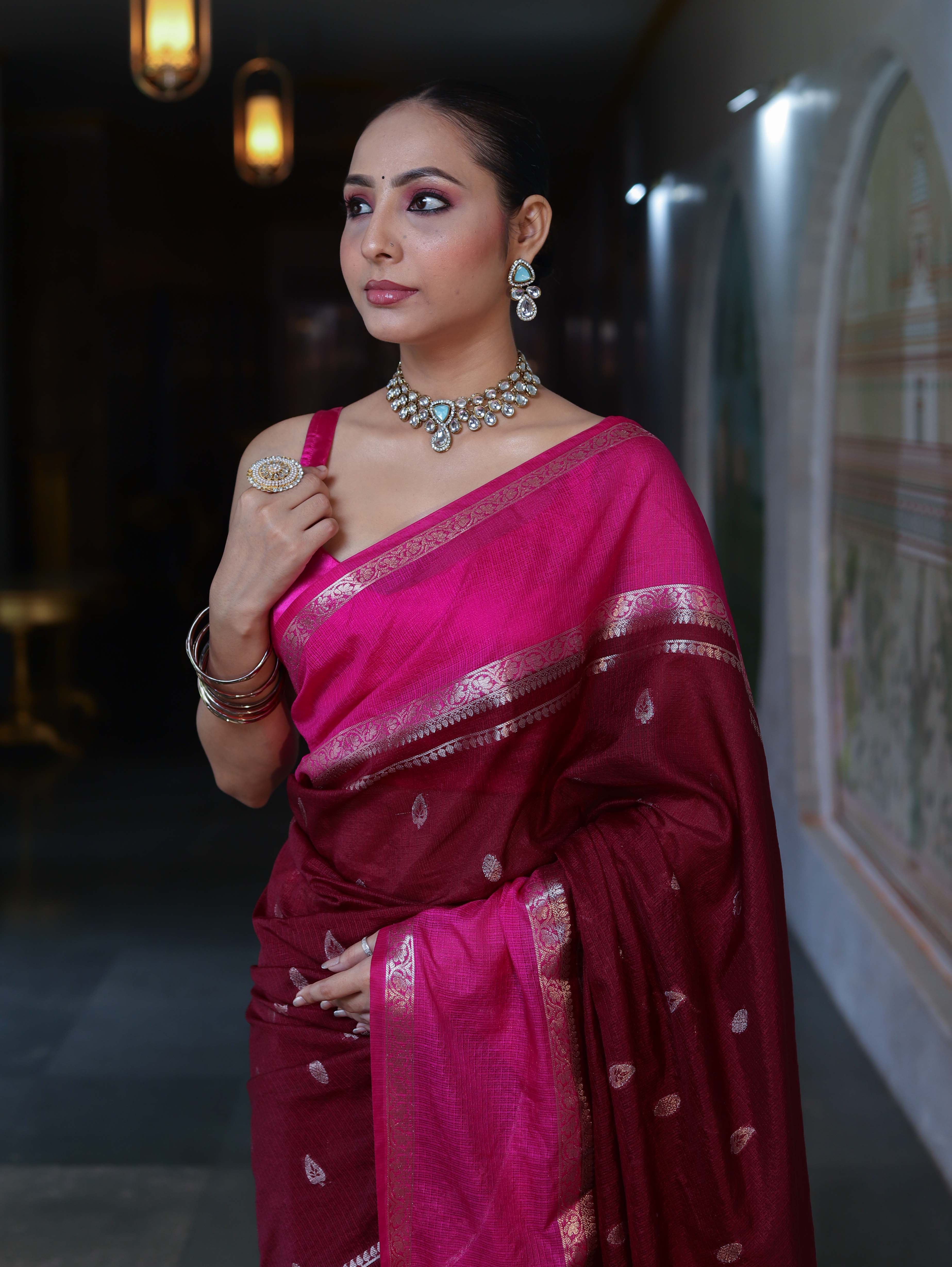 Banarasee Cotton Silk Kota Checks Saree With Buti Design & Contrast Border-Burgundy & Pink