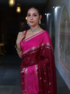 Banarasee Cotton Silk Kota Checks Saree With Buti Design & Contrast Border-Burgundy & Pink
