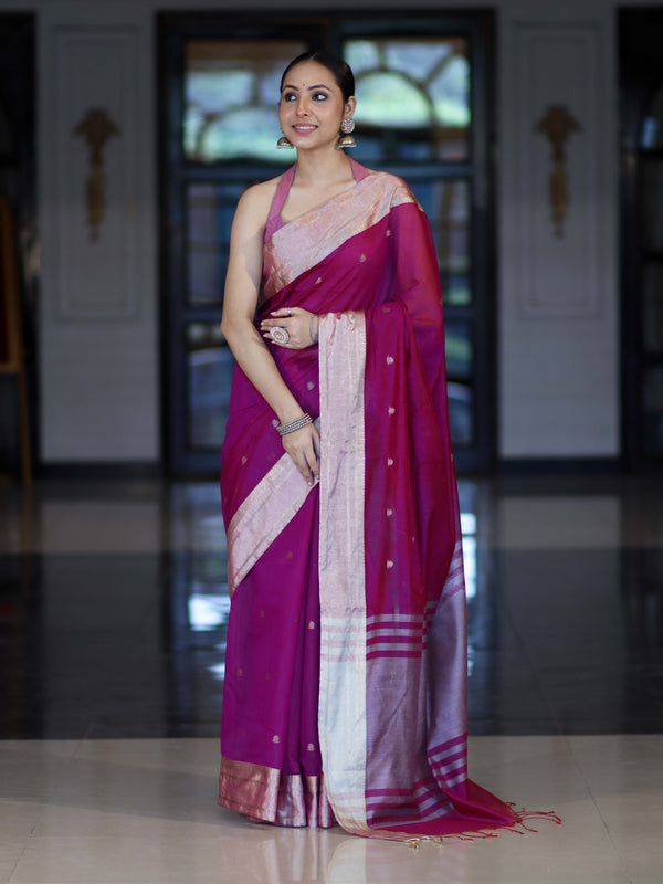 Banarasee Handloom Cotton Silk Saree With Zari Buti & Contrast Border-Magenta