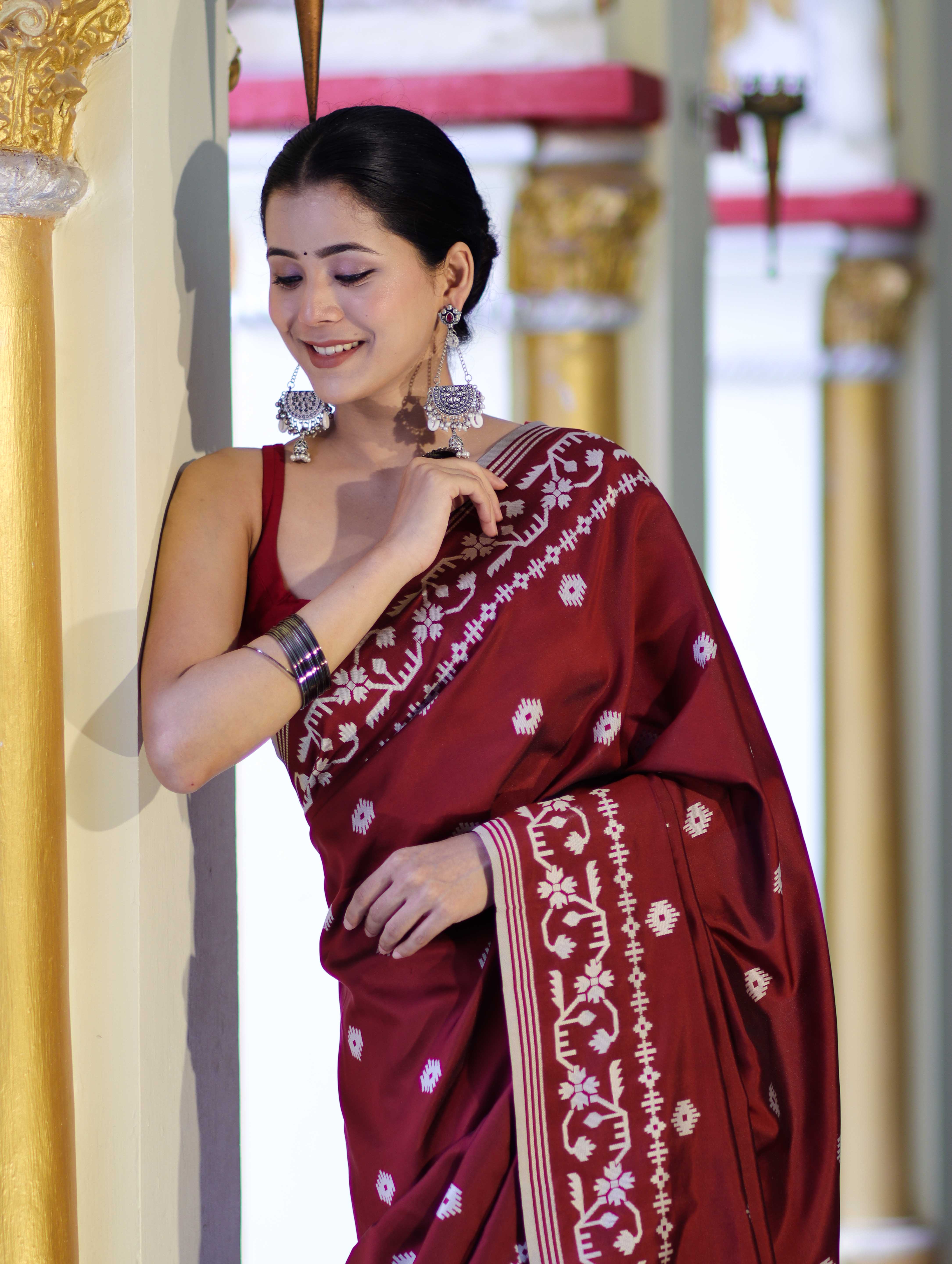Banarasee Handloom Semi Silk Saree With Resham Geometric Design & Border-Deep Maroon