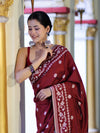 Banarasee Handloom Semi Silk Saree With Resham Geometric Design & Border-Deep Maroon