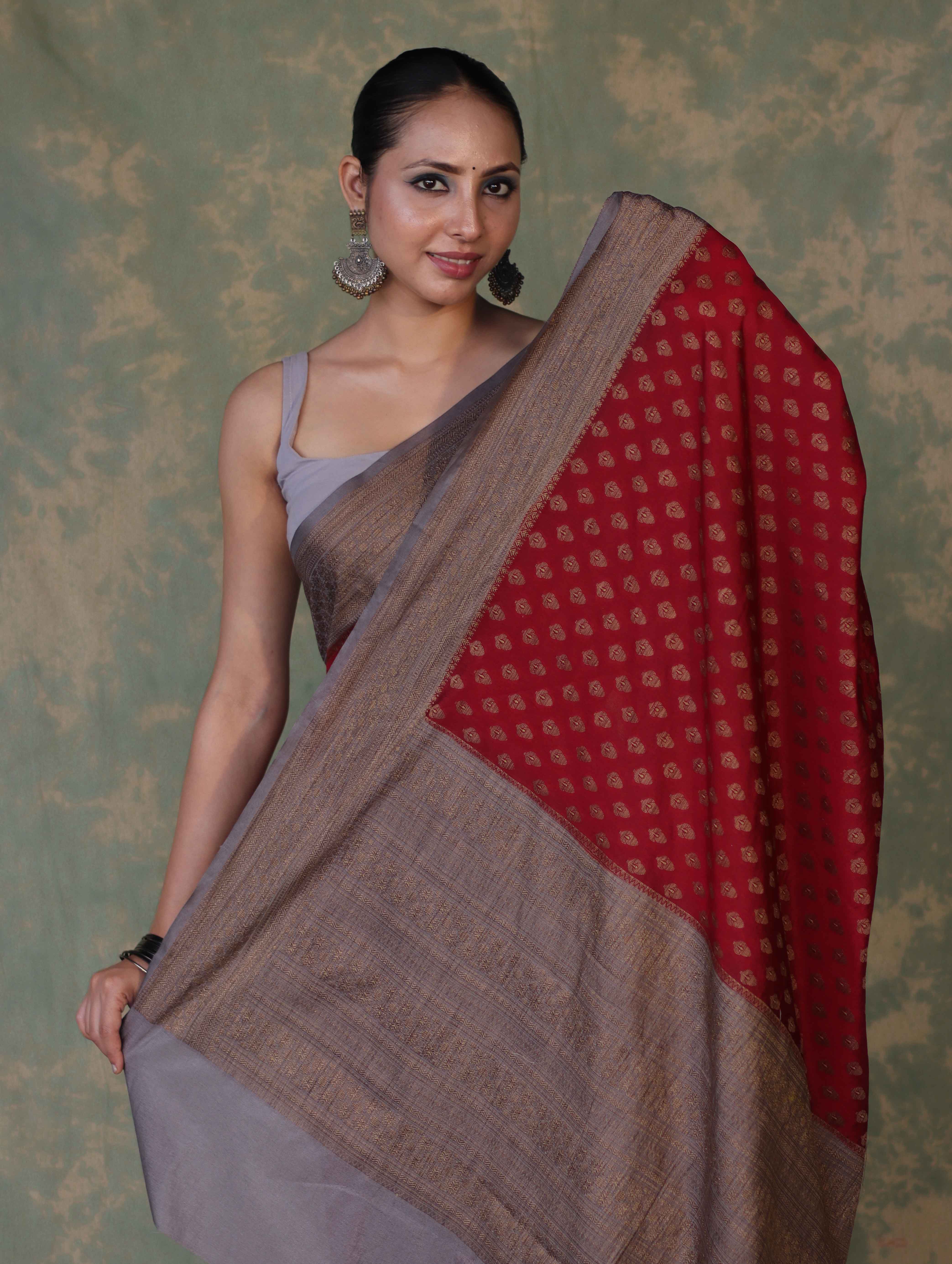 Banarasee Handloom Soft Cotton Saree With Resham Work & Contrast Border-Maroon & Grey