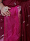 Banarasee Cotton Silk Kota Checks Saree With Buti Design & Contrast Border-Burgundy & Pink