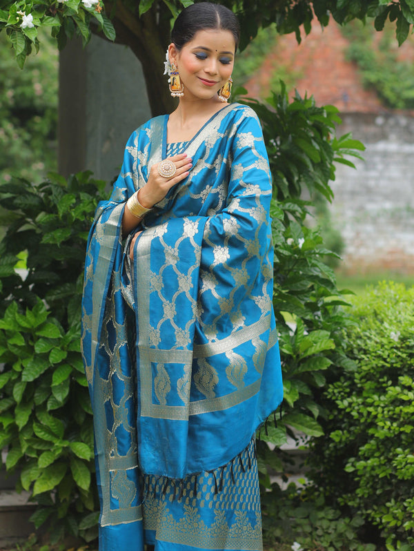 Banarasee Salwar Kameez Semi Katan Silk Fabric With Zari Work-Teal Blue