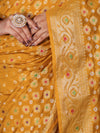 Banarasee Handloom Semi Silk Bandhej Saree With Broad Zari Floral Border-Mustard Yellow