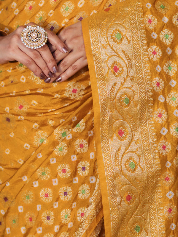Banarasee Handloom Semi Silk Bandhej Saree With Broad Zari Floral Border-Mustard Yellow