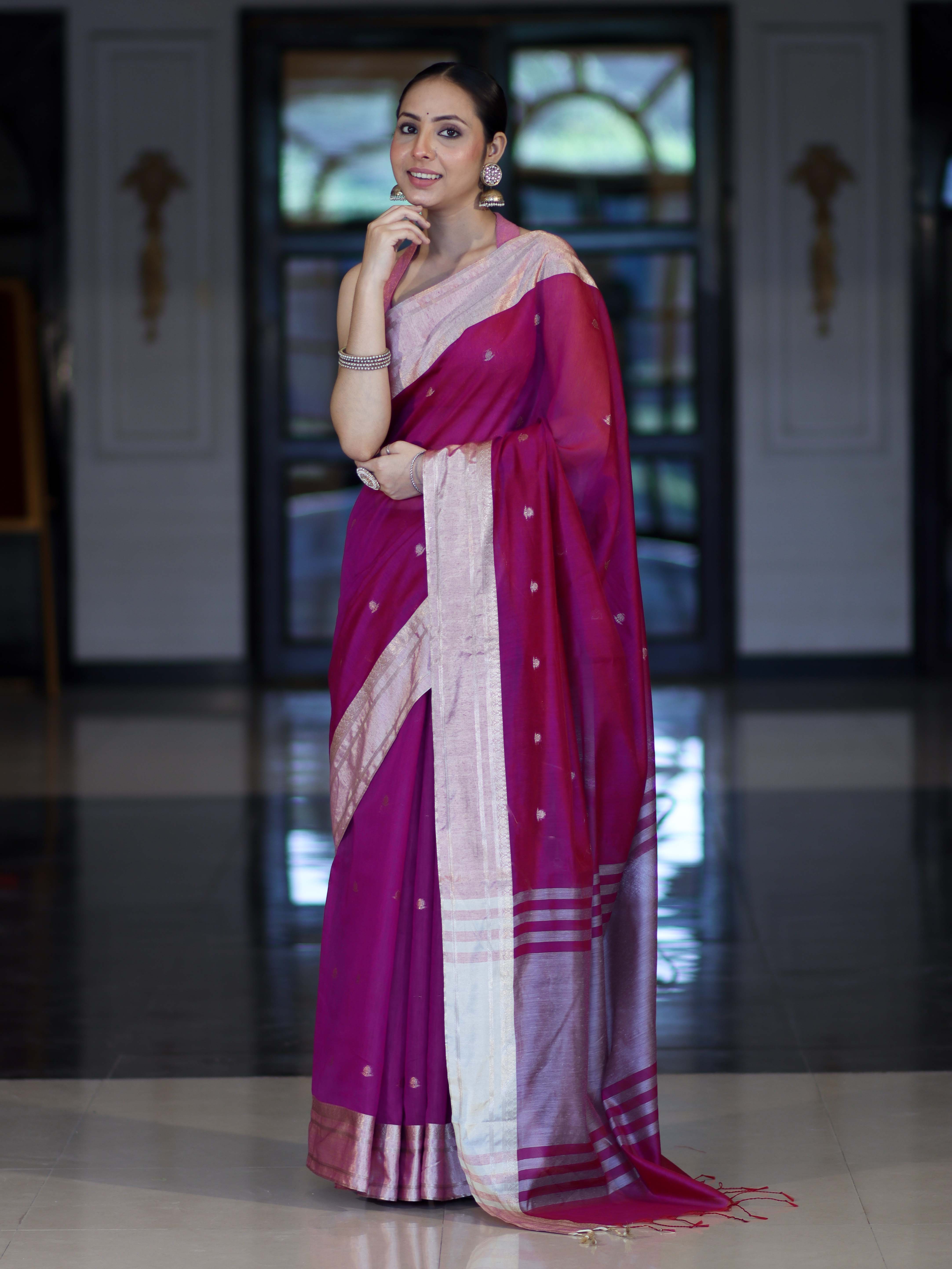 Banarasee Handloom Cotton Silk Saree With Zari Buti & Contrast Border-Magenta