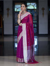 Banarasee Handloom Cotton Silk Saree With Zari Buti & Contrast Border-Magenta