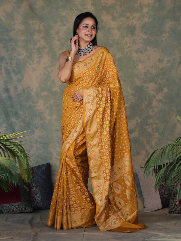 Banarasee Handloom Semi Silk Bandhej Saree With Broad Zari Floral Border-Mustard Yellow