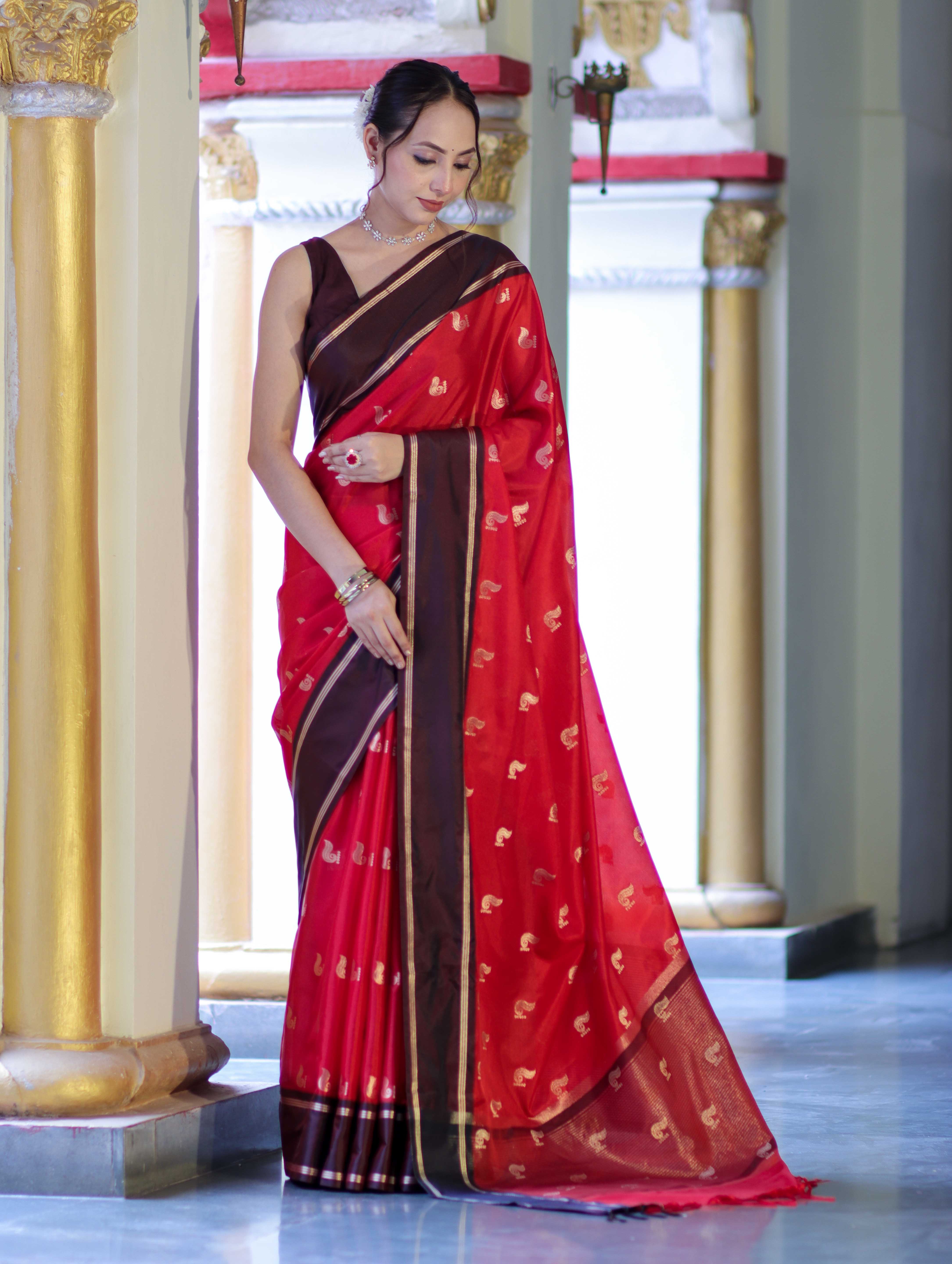 Banarasee Handloom Semi Silk Saree With Buti Design & Contrast Border-Red & Brown
