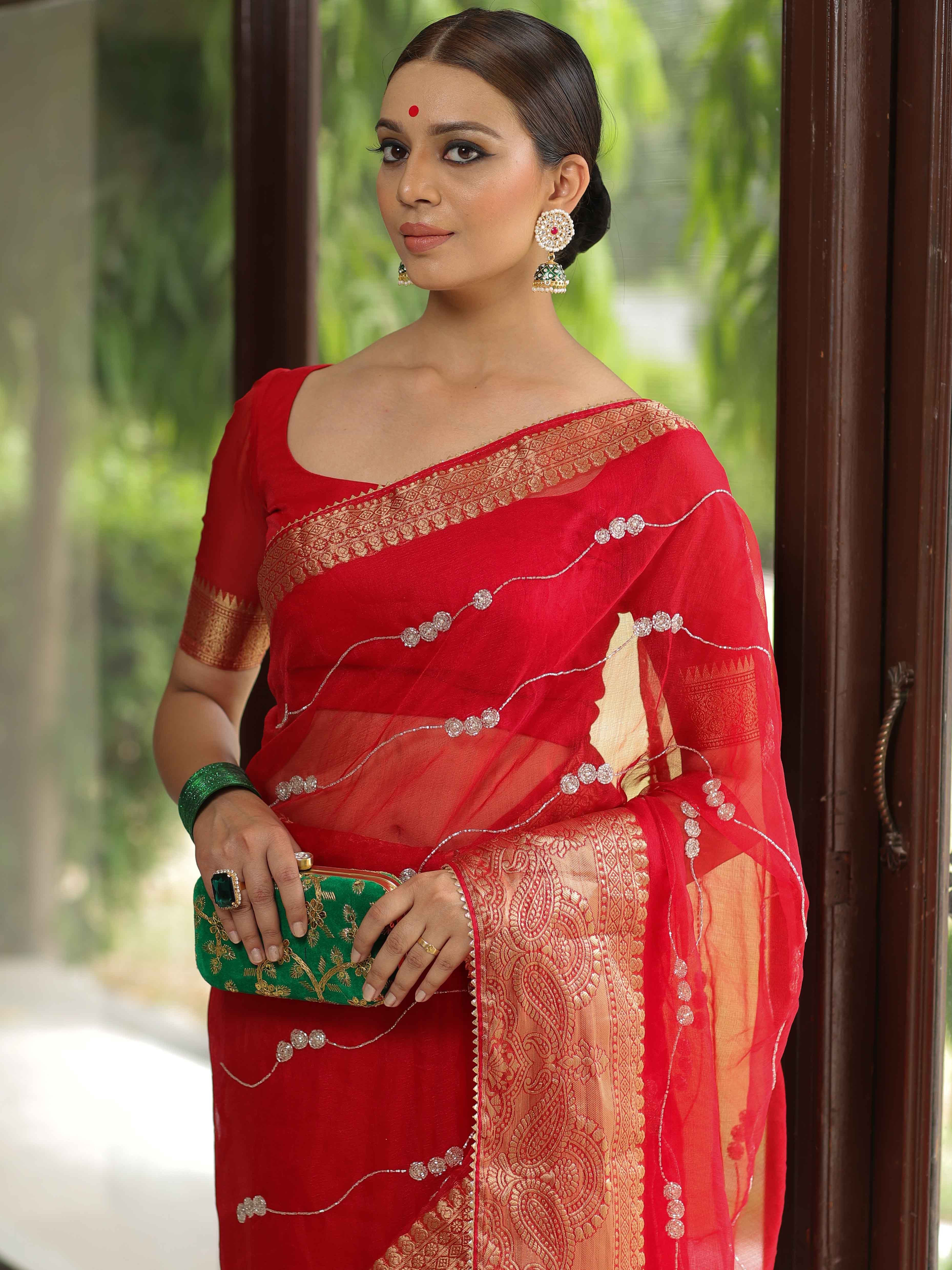 Banarasee Organza Silk Zari Border Hand-Work Saree-Red