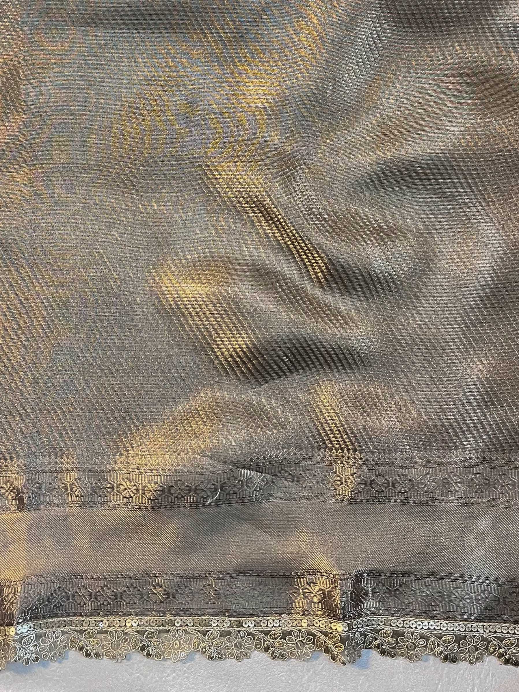 Banarasee Handwoven Tissue Saree With Buti Design Tanchoi Border & Lace-Dark Beige