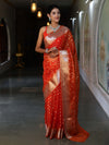 Banarasee Organza Mix Saree With Silver Zari Buti Design & Border-Orange