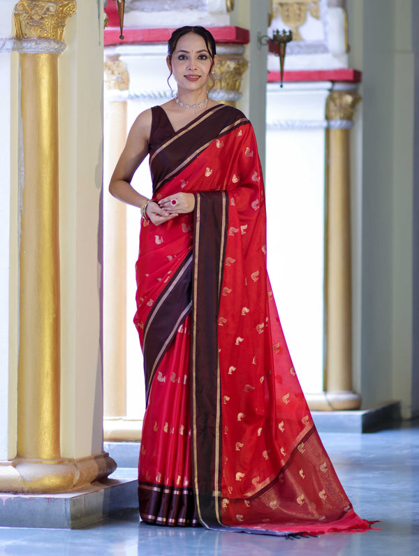 Banarasee Handloom Semi Silk Saree With Buti Design & Contrast Border-Red & Brown