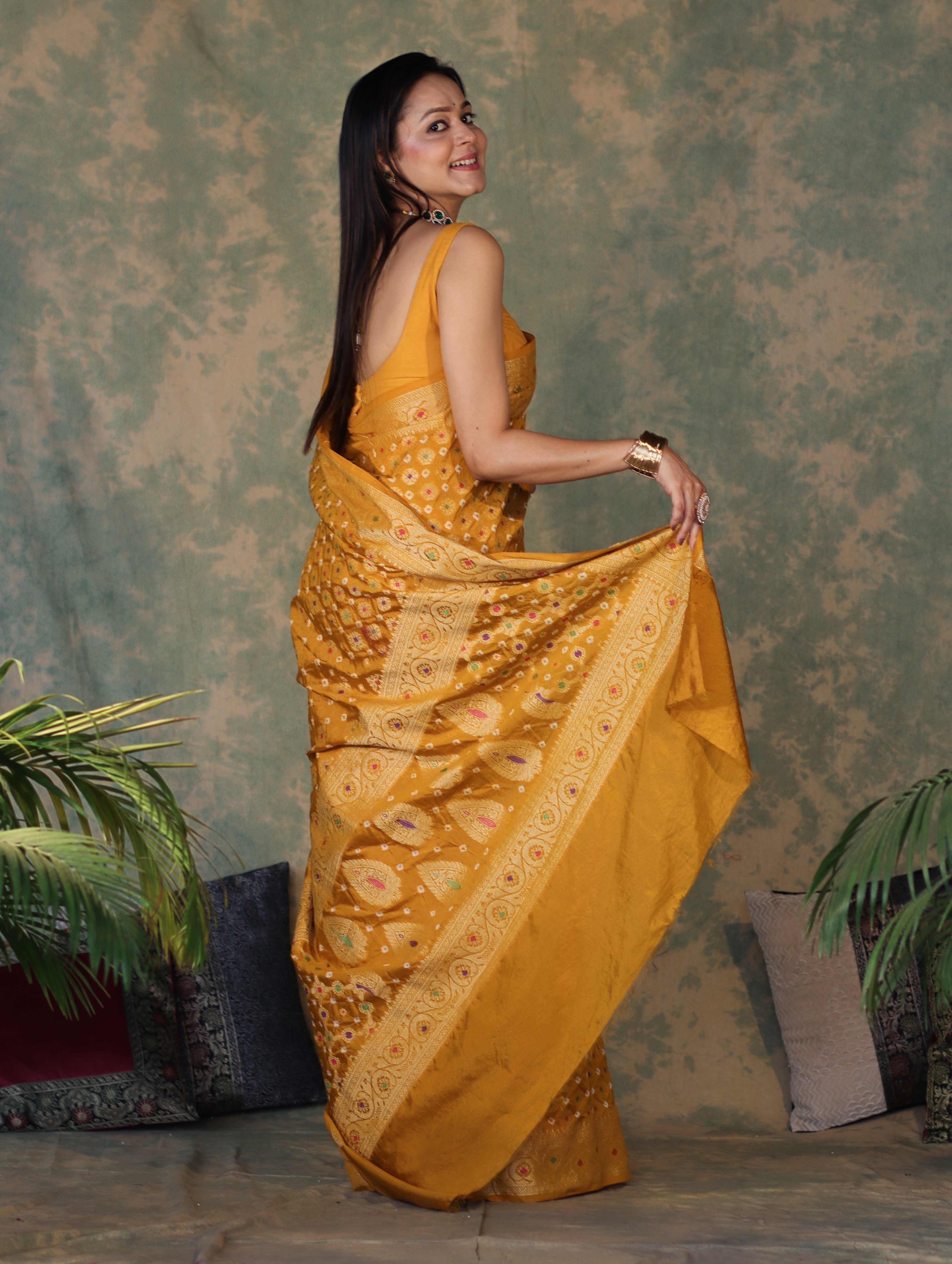 Banarasee Handloom Semi Silk Bandhej Saree With Broad Zari Floral Border-Mustard Yellow