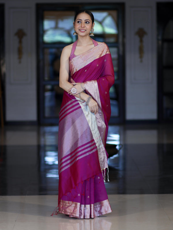 Banarasee Handloom Cotton Silk Saree With Zari Buti & Contrast Border-Magenta