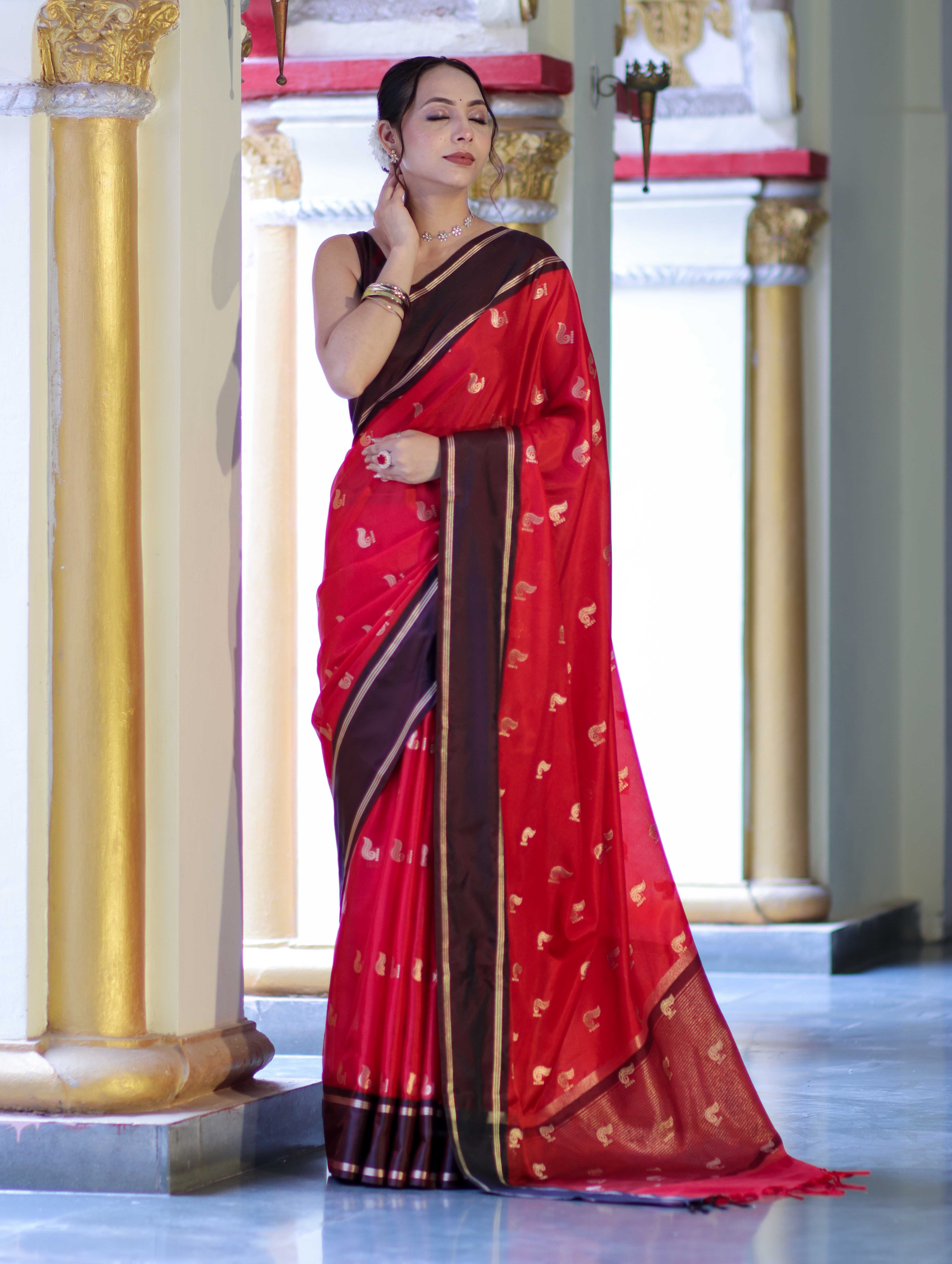 Banarasee Handloom Semi Silk Saree With Buti Design & Contrast Border-Red & Brown