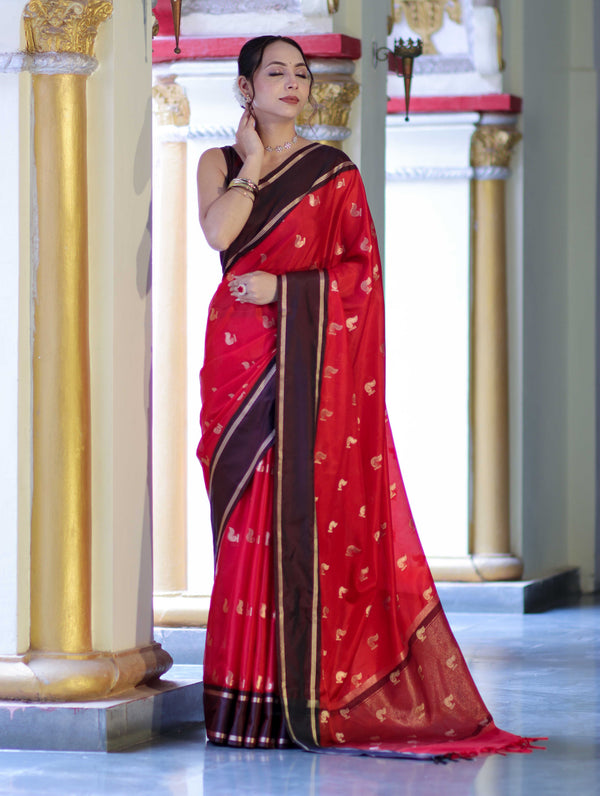 Banarasee Handloom Semi Silk Saree With Buti Design & Contrast Border-Red & Brown
