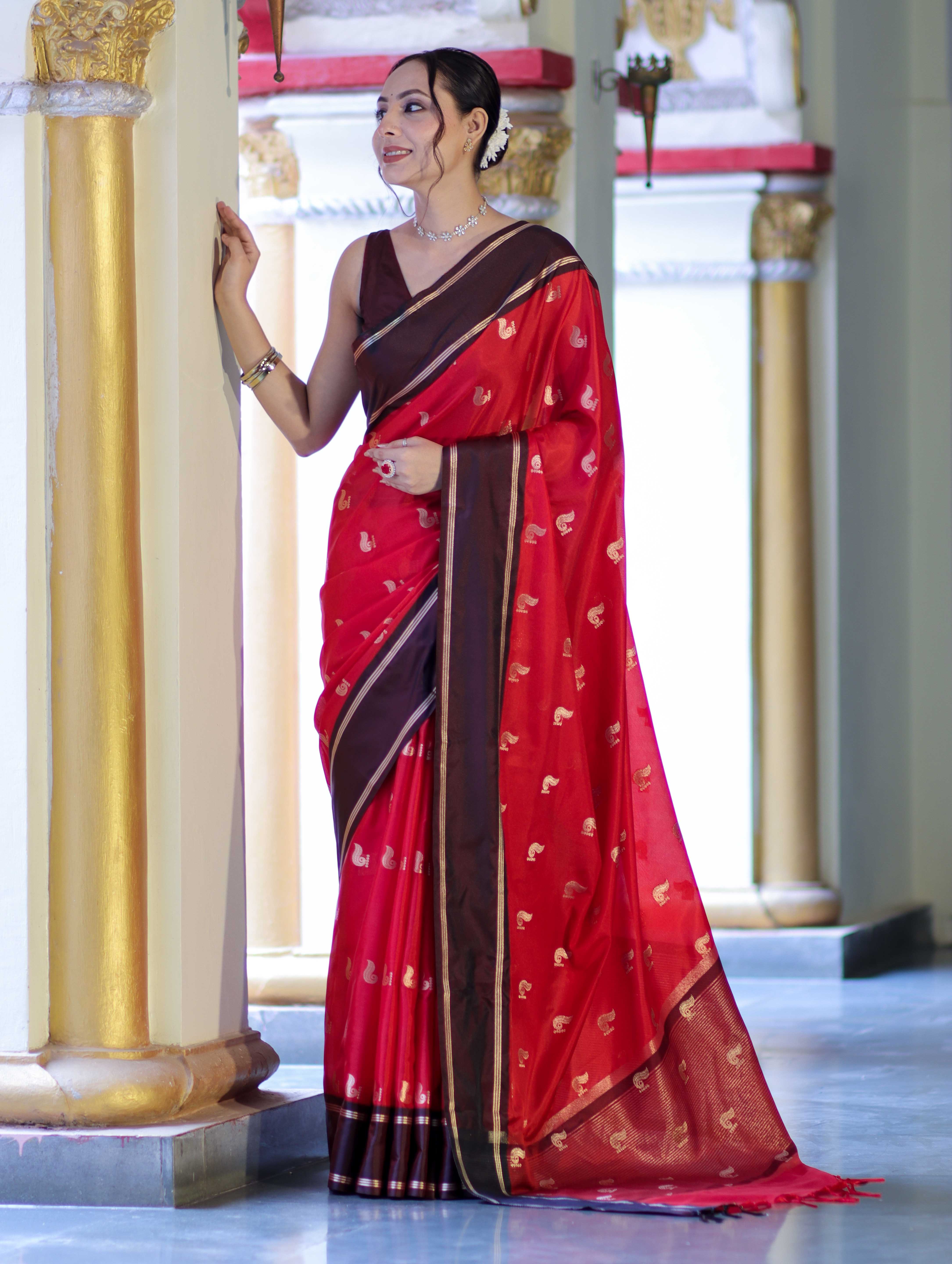 Banarasee Handloom Semi Silk Saree With Buti Design & Contrast Border-Red & Brown