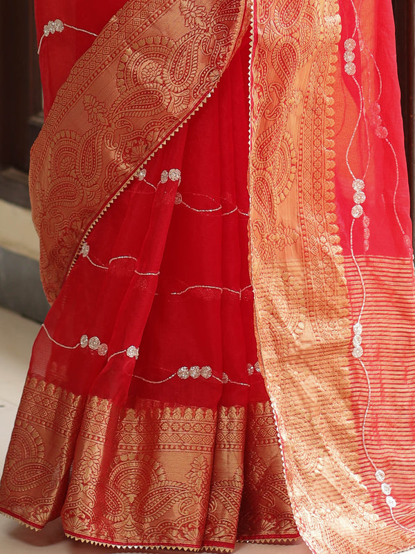 Banarasee Organza Silk Zari Border Hand-Work Saree-Red