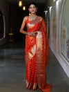 Banarasee Organza Mix Saree With Silver Zari Buti Design & Border-Orange
