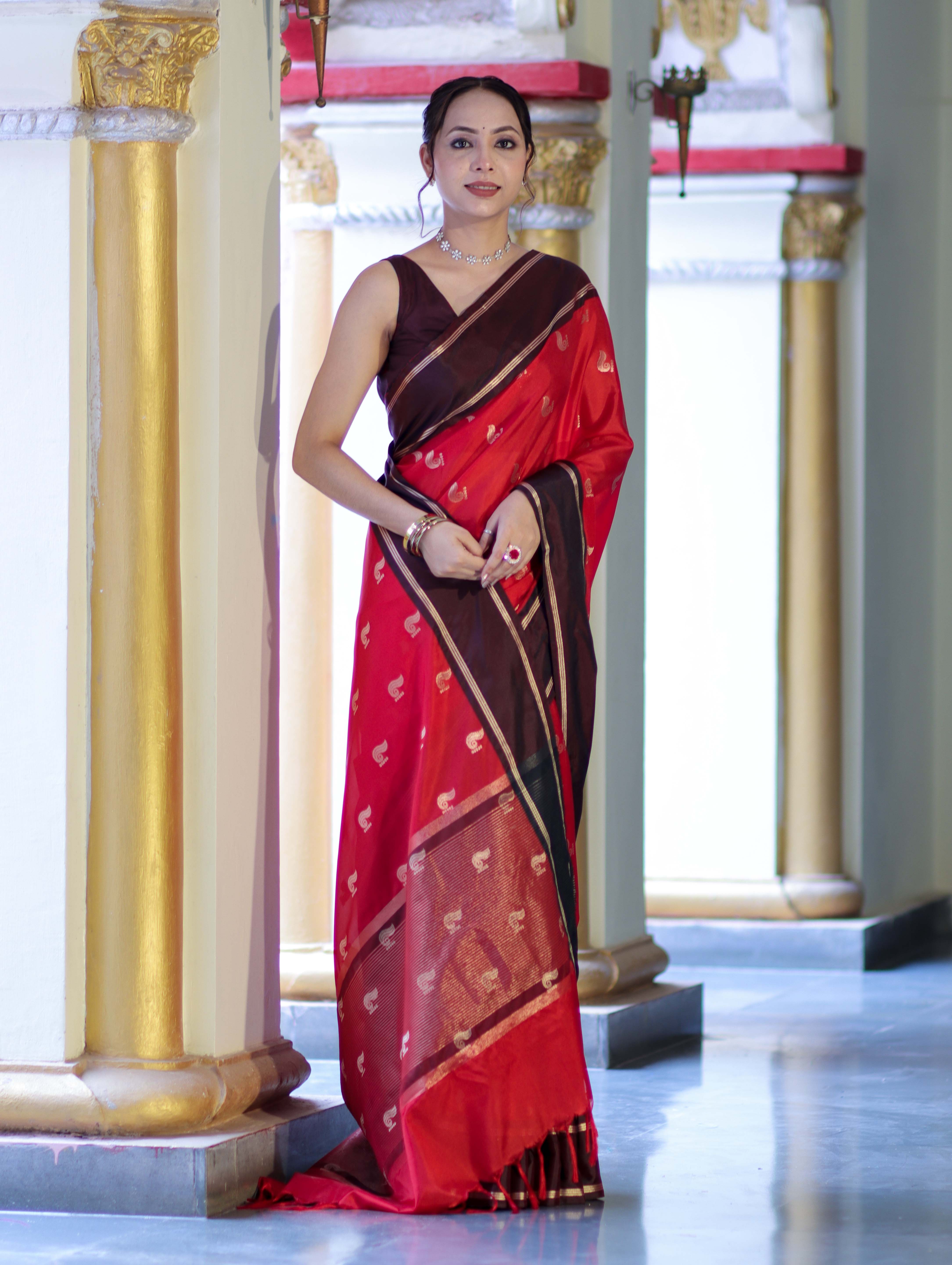 Banarasee Handloom Semi Silk Saree With Buti Design & Contrast Border-Red & Brown