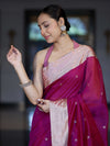 Banarasee Handloom Cotton Silk Saree With Zari Buti & Contrast Border-Magenta