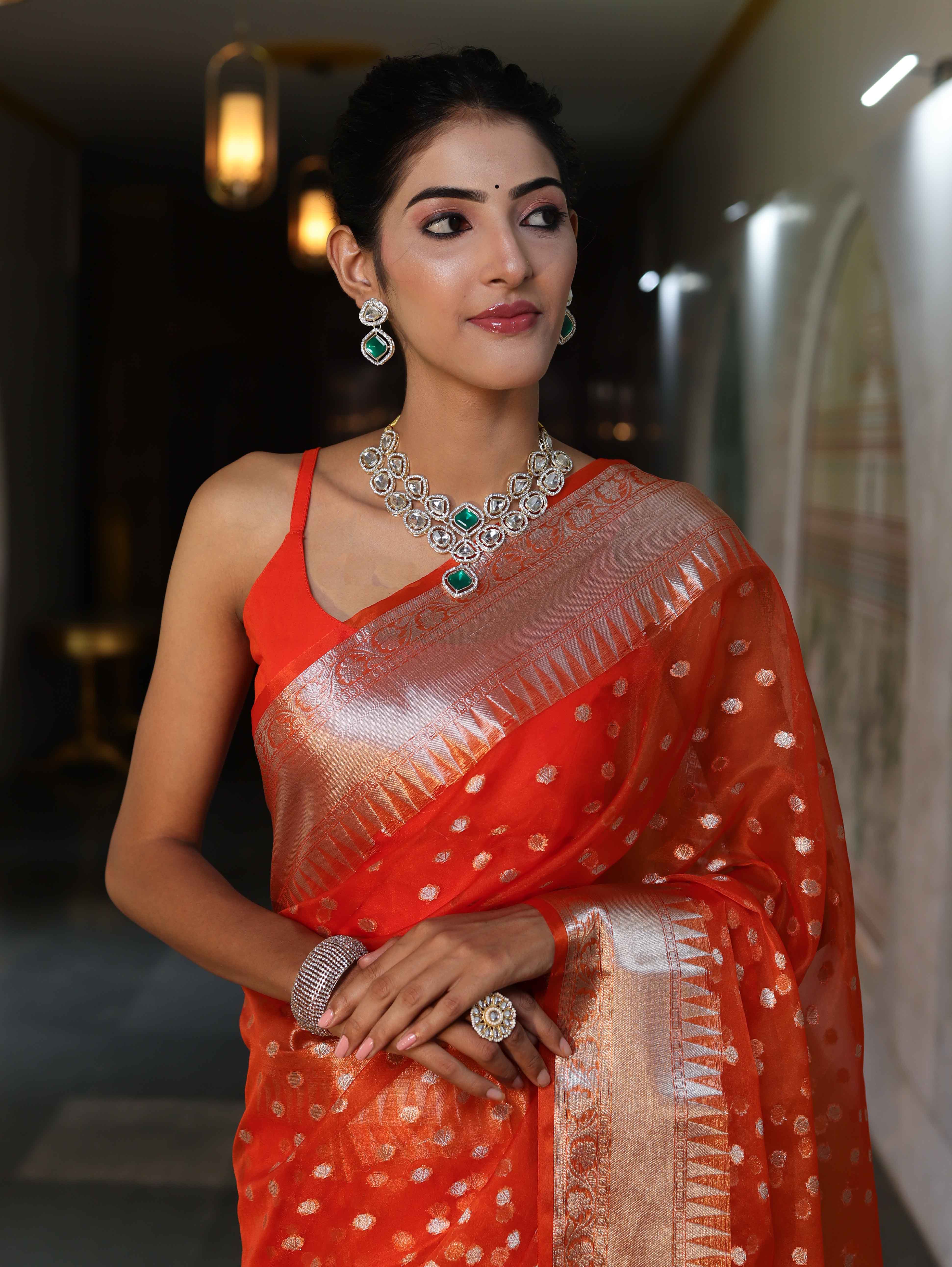 Banarasee Organza Mix Saree With Silver Zari Buti Design & Border-Orange