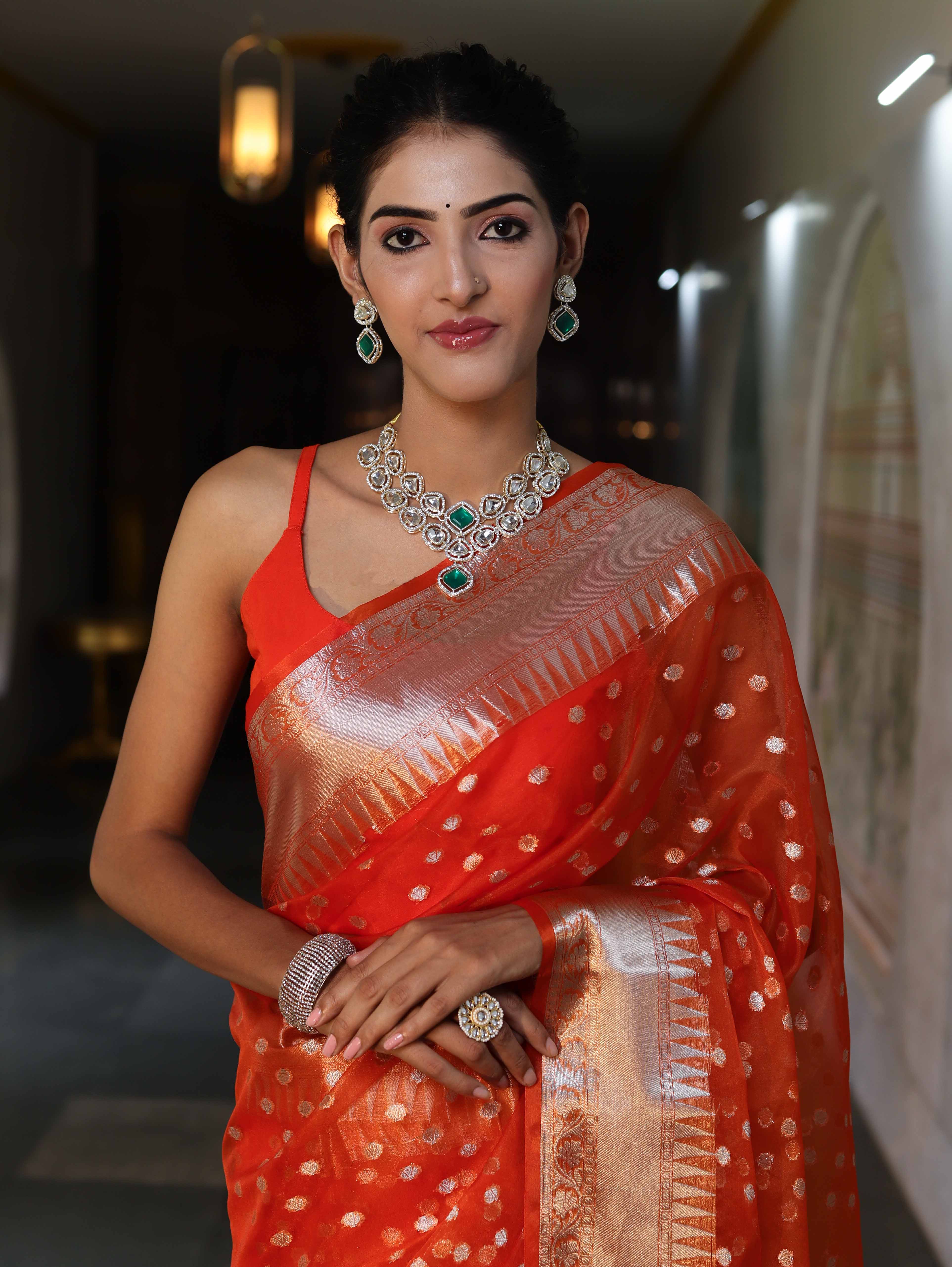 Banarasee Organza Mix Saree With Silver Zari Buti Design & Border-Orange