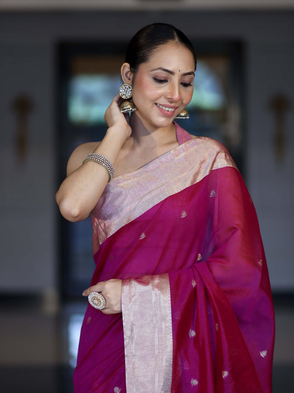 Banarasee Handloom Cotton Silk Saree With Zari Buti & Contrast Border-Magenta